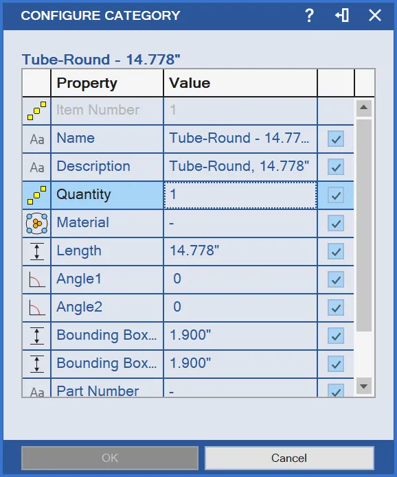 Weldment tétel tulajdonságainak beállítása – Configure Category